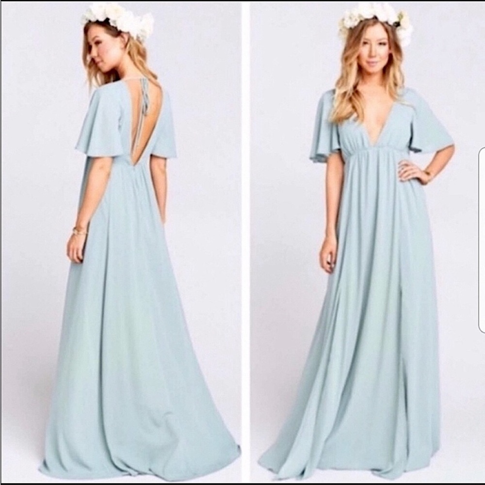 Show Me Your Mumu Faye Flutter Maxi Dress in Silver Sage Crisp | XXS